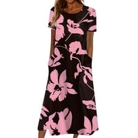 Ženske haljine kratki rukav tiskali su srednju dužinu maxi V-izrez ljetna haljina ružičasta 3xl