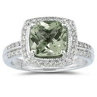 Ženski karatni jastuk rezan zeleni ametist i dijamantni prsten u 14k bijelo zlato