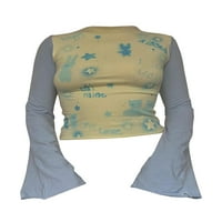 Sunloudy Women Y2K Flared majica s dugim rukavima Casual Cartoon Rabbit Ispis kontrastni ubori u boji