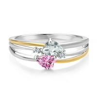 Gem Stone King Srebrna i 10k žuto zlato nebo plavi akvamarin i ružičasti moissan i bijeli laboratorijski uzgojni dijamantni prsten za žene