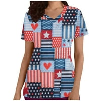 Odeerbi 4. juli Patriotski piling vrhovi za žene modni casual čvrsti okrugli vrat kratki rukav labav majica s džepovima svijetloplava
