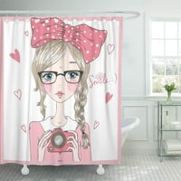 Ružičasta crtana simpatična lijepa djevojka u naočalama pigtails courcor Decor Cutar za tuširanje kupatila