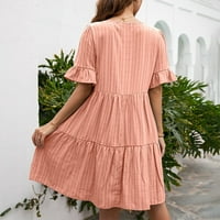 Ženske oblače V-izrez Mid-duljina moda A-line pune ljetne haljine kratkih rukava ružičasta S