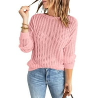 Rovga ženski džemperi ženski modni okrugli vrat Čvrsta boja dugih rukava pleteni džemper šuplji gornji