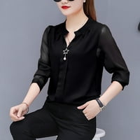 Huaai Modne žene Čvrsti dugi rukav šifon V vrat Radna majica TOP bluza Ženski retro moda Crni XL