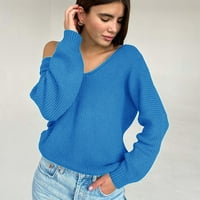 Jeseni džemperi za žene plus veličine jesen i zimska čvrsta boja V Pleteni džemper s dugim rukavima