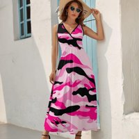 Ružičasti Camo ženski maxi haljina Ljeto V izrez smiješne ispisane haljine