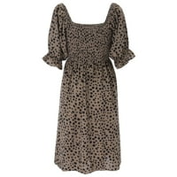 Ljetne haljine za žene za žene kratki puff rukava s kvadratnom vratu Leopard tiskana točna haljina Khaki