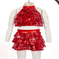 ZDHOOR GIRLS Shiny Sequins Ballerina Onitard Leotard Halter Moderni latino plesni kostim Red-B 14