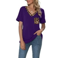 Ladiyo ženski leopard V izrez kratkih rukava s majicom od pamučne majice sa džepom S-2L