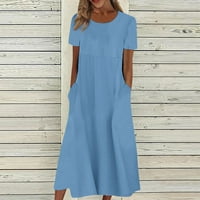 Ljetne haljine za žene okrugla izrez modna gležnjana dužina čvrstog maxi haljina kratkih rukava plava