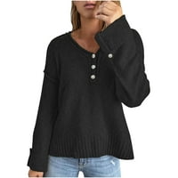 Dugi prevelizirani džemperi za žene Casual Soild Dugi rukav gumb pleteni pulover V-izrez džemper crni
