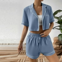 Žene ljetne pidžame casual rever gumb niz kratke rupe s kratkim rukavima i kratke hlače za spavanje plava