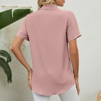 Dugme Down Majice za žene Čvrsta boja bluza s kratkim rukavima V Vreći na vratu Pink m