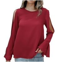 Ženska casual seksi modna solidna boja dugih rukava okrugla vrat split košulja na dno majica Top ugodno