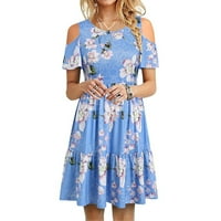 Ženske haljine Mini mini kratki rukav casual okrugla dekolteta Ljeto tiskovina haljina Sky Blue XL
