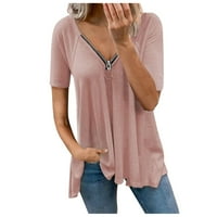 Wendunid majice za žene Žene V-izrez Collar patentni zatvarač s kratkim rukavima Ležerna bluza Pink