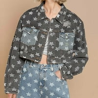 Jsaierl Womens Star Star Prints Ispljeno jean jaknu modni dugme dugih rukava s traper jaknom kamiondžija sa džepovima na prsima