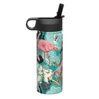 Lijepa cvjetna ljetna flaminga voda sa vodom sa slamkom izolirane vodovodne boce od nehrđajućeg čelika