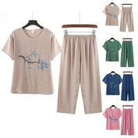 Huanledash set Žene Top hlače set o izrez cvijet Ispis baka stila elastična struka bake ljetne pidžame