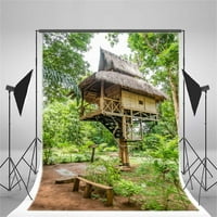 Hellodecor poliester tkanina 5x7ft Drvena kuća Kuća Backdrop Tropical Forest Garden Fotografija Pozadinski