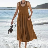 Ženska casual duga haljina okrugla vrat bez rukava bez rukava od pamučne boje pune boje višeslojne plažne