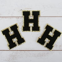 Chenille Iron na sjajnom slovu GLITTER-a H zakrpe - crna chenille tkanina sa zlatnim sjajem - šivajte ili željezo na visoku
