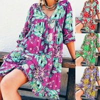 Pudcoco Žene Ljeto s dugim rukavima Boho tiskane plaže Ležerne prilike labave mini majice Plaža haljina