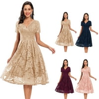Ženske vintage haljine Solidna boja elegantna V izrez čipkaste haljine-marelice, L