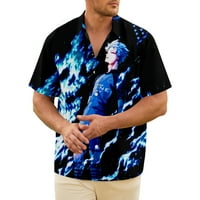 Muške majice casual gumb dole na havajskoj majici Plavi egzorcistički ispis Redovni džep meko top140