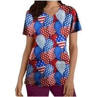 Amidoa Ženska radna uniforma V izrez kratkog rukava bluza vrhova zasjedku Američke majice zastava Ženske