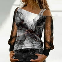 Iopqo grafičke mase za žene Žene Modni ispis hladnog ramena t majica mreža dugih rukava s velikim rukavima