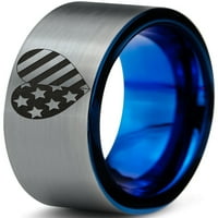 Volfram američki zastava srca u obliku srca, prsten za muškarce žene udobnost FIT plavi ravni rez brukirani