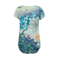 Duks za ženske tipke s kratkim rukavima Majica V- izrez cvjetni tiskanje, svijetlo plava, s