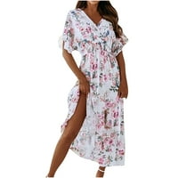 Utoimkio Ljetne haljine za žene Ženska haljina kratki rukav V izrez Clorsel Print Beach Leirure Duga