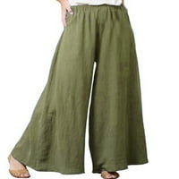 Prednjeg swalk-a pamučne posteljine pantske pantalone na širokim pantalonama za noge visoke struke duge hlače dnevno prozračno pune boje palaznjo dna mornarsko zelena 5x