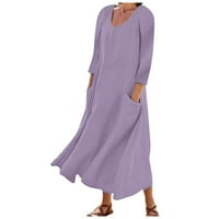 Viadha ženska modna dugih rukava pamučna posteljina okrugla džepna haljina