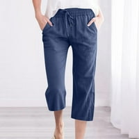 Ženske pamučne posteljine hlače visoke struk široke noge casual labave čvrste hlače sa džepovima