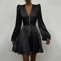 Koktel haljine dugih rukava Ženska obična gumba za rukave s dugim rukavima Crna XS