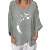 Tdoqot majice s dugim rukavima za žene - tuničke bluze pamučno posteljina otisnuta ležerna V-izrez Žene