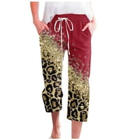 Atinetok obrezane hlače za dame žene Capri hlače Vintage Laopard Print plus veličine široke noge ravno