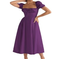 Ženska ljetna dugačka haljina Čvrsta boja kratki rukav kvadratni vrat rucked vezati zabavne haljine