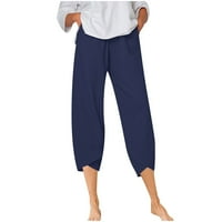 Fartey Capri pantalone za žene pamučni posteljina elastični struk Tulip džepovi za džepove vrećice,