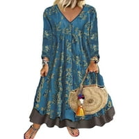 Leuncero labava tunika tunika za žene Vintage Kaftan dame za odmor V izrez lažna dva maxi haljina plava