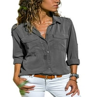 Kapreze Žene Ležerne prilike s dugim rukavima V Vrući gumb Podignite prednju bluzu Dame Okrenite Collar Fall Radne ured Tuničke majice Sive US 2XL