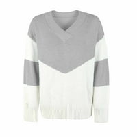 Dreameri Odeerbi za žene pletene džemper jesen i zima novi V-izrez kontrastni pulover gornje sive