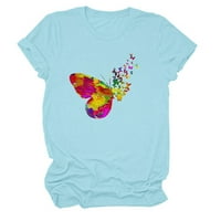 Ženski vrhovi Ležerni modni labavi okrugli vrat Butterfly Print Short rukava s kratkim rukavima Plavi