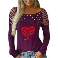 Rinestone vrhovi za žene Slatko ljubavno srce Print Hladne rame T-majice Dugi rukav Strappy šuplji pulover