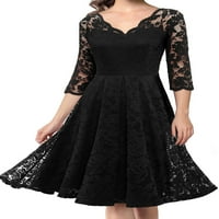 Prednje haljine za žene Večernja zabava Swing haljina V izrez čipka Crochet Aline Midi haljina crna