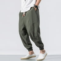 Muške pamučne posteljine čvrste elastične strugove casual pantalone nacrtaju midrične hlače sa džepovima